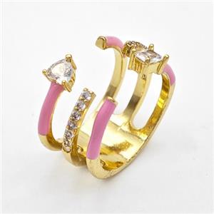 Copper Ring Pave Zircon Pink Enamel Gold Plated, approx 12mm, 17mm dia [FN34630]