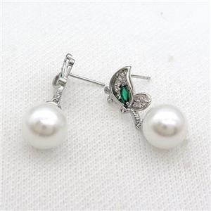 Copper Stud Earring Pave Zircon Butterfly Pearlized Shell Platinum Plated, approx 11-16mm, 12mm [FN34634]