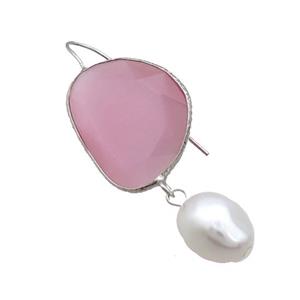 Copper Hook Earring With Pearlized Shell Pink Cat Eye Glass Platinum Plated, approx 20-25mm, 11-14mm [FN34636]