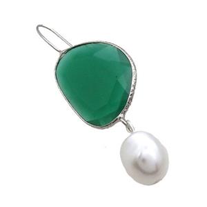 Copper Hook Earring With Pearlized Shell Green Cat Eye Glass Platinum Plated, approx 20-25mm, 11-14mm [FN34637]