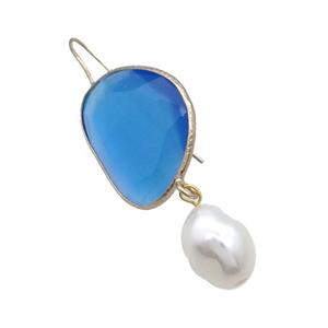 Copper Hook Earring With Pearlized Shell Blue Cat Eye Glass Gold Plated, approx 20-25mm, 11-14mm [FN34641]