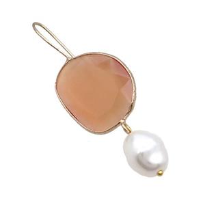 Copper Hook Earring With Pearlized Shell Peach Cat Eye Glass Gold Plated, approx 20-25mm, 11-14mm [FN34643]