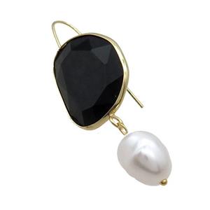 Copper Hook Earring With Pearlized Shell Black Cat Eye Glass Gold Plated, approx 20-25mm, 11-14mm [FN34644]