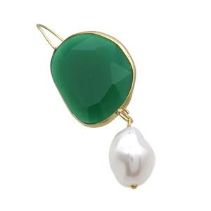 Copper Hook Earring With Pearlized Shell Green Cat Eye Glass Gold Plated, approx 20-25mm, 11-14mm [FN34646]
