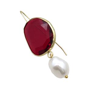 Copper Hook Earring With Pearlized Shell Red Cat Eye Glass Gold Plated, approx 20-25mm, 11-14mm [FN34647]