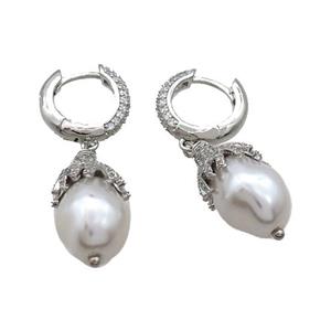 Copper Hoop Earring Pave Zircon Pearlized Shell Platinum Plated, approx 11.5-20mm, 15mm dia [FN34671]