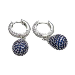 Coppear Hoop Earring Pave Blue Zircon Teardrop Platinum Plated, approx 10-14mm, 14mm dia [FN34674]