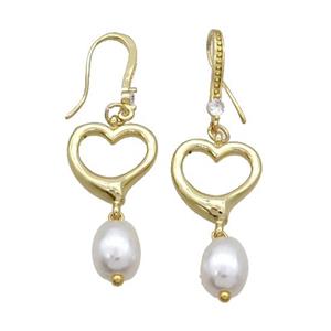 Copper Hook Earring Pave Zircon Heart Pearlized Shell Gold Plated, approx 8-10mm, 15mm, 10-20mm [FN34680]