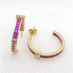 Copper Stud Earring Pave Hotpink Zircon Gold Plated, approx 25mm dia [FN34685]