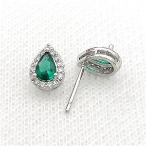 Copper Stud Earring Pave Green Crystal Teardrop Platinum Plated, approx 7-9mm [FN34692]
