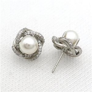 Copper Stud Earring Flower Pave Zircon Pearlized Shell Platinum Plated, approx 8mm, 13-14mm [FN34694]