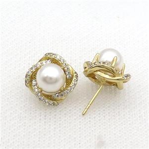 Copper Stud Earring Flower Pave Zircon Pearlized Shell Gold Plated, approx 8mm, 13-14mm [FN34695]