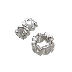 Copper Rondelle Beads Pave Zircone Heart Platinum Plated, approx 9mm [FN34698]
