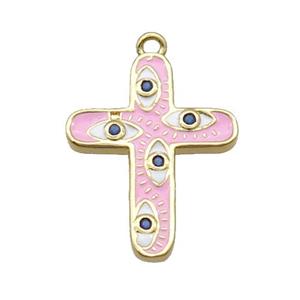 Copper Cross Pendant Pave Zircon Pink Enamel Eye Gold Plated, approx 16-21mm [FN34714]