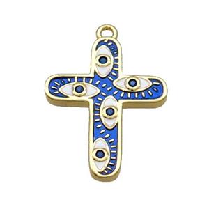 Copper Cross Pendant Pave Zircon RoyalBlue Enamel Eye Gold Plated, approx 16-21mm [FN34715]