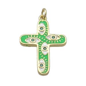 Copper Cross Pendant Pave Zircon Green Enamel Eye Gold Plated, approx 16-21mm [FN34717]