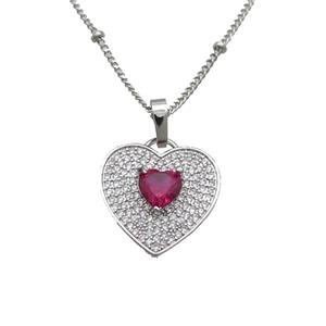 Copper Necklace With Heart Pave Zircon Red Platinum Plated, approx 17mm, 40-45cm length [FN34724]