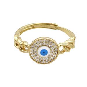 Copper Ring Pave Zircon White Enamel Evil Eye Adjustable Gold Plated, approx 10mm, 18mm dia [FN34726]
