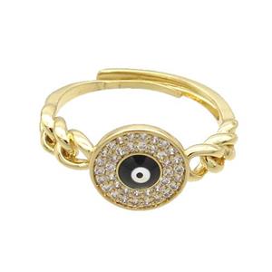Copper Ring Pave Zircon Black Enamel Evil Eye Adjustable Gold Plated, approx 10mm, 18mm dia [FN34727]