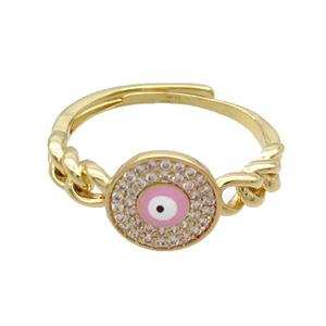 Copper Ring Pave Zircon Pink Enamel Evil Eye Adjustable Gold Plated, approx 10mm, 18mm dia [FN34728]