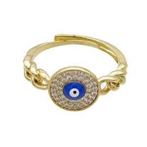 Copper Ring Pave Zircon Blue Enamel Evil Eye Adjustable Gold Plated, approx 10mm, 18mm dia [FN34730]