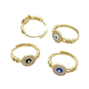 Copper Ring Pave Zircon Enamel Evil Eye Adjustable Gold Plated Mixed, approx 10mm, 18mm dia [FN34731]