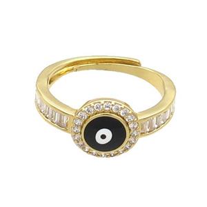 Copper Ring Pave Zircon Black Enamel Evil Eye Adjustable Gold Plated, approx 9.5mm, 18mm dia [FN34733]