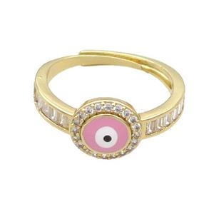 Copper Ring Pave Zircon Pink Enamel Evil Eye Adjustable Gold Plated, approx 9.5mm, 18mm dia [FN34734]