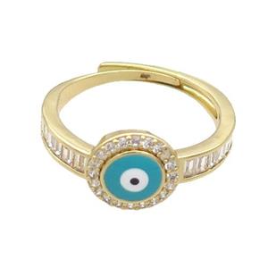 Copper Ring Pave Zircon Teal Enamel Evil Eye Adjustable Gold Plated, approx 9.5mm, 18mm dia [FN34735]