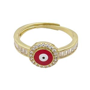 Copper Ring Pave Zircon Red Enamel Evil Eye Adjustable Gold Plated, approx 9.5mm, 18mm dia [FN34736]