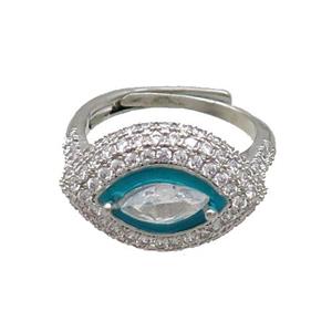 Copper Ring Pave Zircon Teal Enamel Eye Adjustable Platinum Plated, approx 13-19mm, 18mm dia [FN34740]
