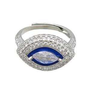 Copper Ring Pave Zircon Blue Enamel Eye Adjustable Platinum Plated, approx 13-19mm, 18mm dia [FN34741]