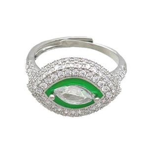 Copper Ring Pave Zircon Green Enamel Eye Adjustable Platinum Plated, approx 13-19mm, 18mm dia [FN34742]