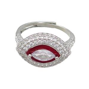Copper Ring Pave Zircon Red Enamel Eye Adjustable Platinum Plated, approx 13-19mm, 18mm dia [FN34743]