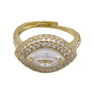 Copper Ring Pave Zircon White Enamel Eye Adjustable Gold Plated, approx 13-19mm, 18mm dia [FN34745]