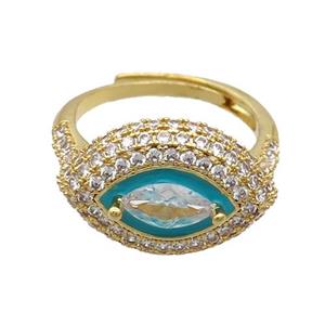 Copper Ring Pave Zircon Teal Enamel Eye Adjustable Gold Plated, approx 13-19mm, 18mm dia [FN34747]