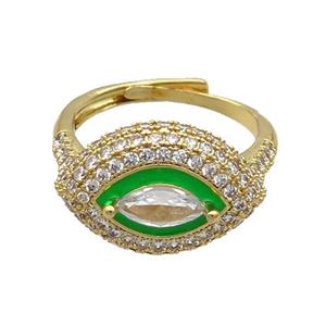 Copper Ring Pave Zircon Green Enamel Eye Adjustable Gold Plated, approx 13-19mm, 18mm dia [FN34748]