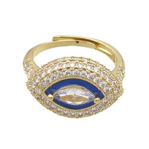 Copper Ring Pave Zircon Blue Enamel Eye Adjustable Gold Plated, approx 13-19mm, 18mm dia [FN34749]