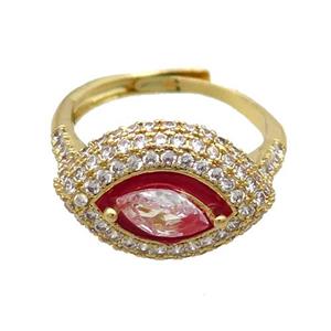 Copper Ring Pave Zircon Red Enamel Eye Adjustable Gold Plated, approx 13-19mm, 18mm dia [FN34750]