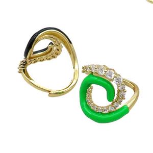 Copper Ring Pave Zircon Green Enamel Adjustable Gold Plated, approx 20mm, 20mm dia [FN34754]