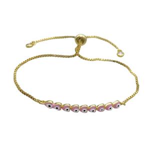 Copper Bracelet Pink Enamel Evil Eye Heart Adjustable Gold Plated, approx 4-35mm, 20-27cm length [FN34780]