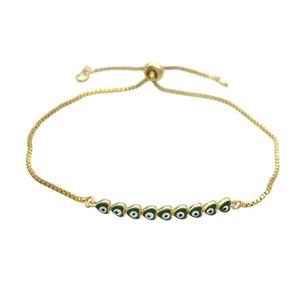 Copper Bracelet Green Enamel Evil Eye Heart Adjustable Gold Plated, approx 4-35mm, 20-27cm length [FN34781]