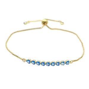 Copper Bracelet Blue Enamel Evil Eye Heart Adjustable Gold Plated, approx 4-35mm, 20-27cm length [FN34782]