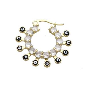 Copper Latchback Earring Pave Crystal Glass Black Enamel Evil Eye Gold Plated, approx 25mm dia [FN34814]