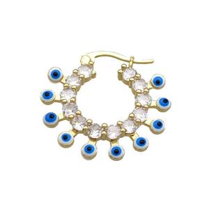 Copper Latchback Earring Pave Crystal Glass White Enamel Evil Eye Gold Plated, approx 25mm dia [FN34815]
