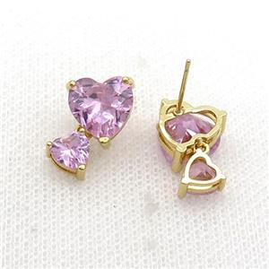 Copper Stuc Earring Pave Pink Crystal Glass Gold Plated, approx 6mm, 10mm [FN34823]