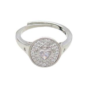 Copper Ring Pave Zircon Circle Heart Adjustable Platinum Plated, approx 10-11.5mm, 18mm dia [FN34824]