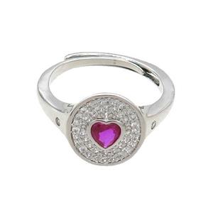 Copper Ring Pave Zircon Circle Hotpink Heart Adjustable Platinum Plated, approx 10-11.5mm, 18mm dia [FN34826]