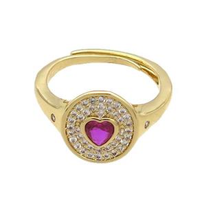 Copper Ring Pave Zircon Circle Hotpink Heart Adjustable Gold Plated, approx 10-11.5mm, 18mm dia [FN34827]