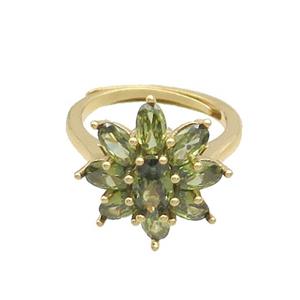 Copper Ring Pave Olive Crystal Glass Flower Adjustable Gold Plated, approx 17mm, 18mm dia [FN34830]